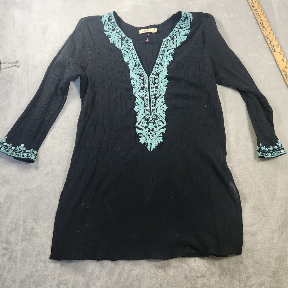 Sulu Sz 8 Black Turquoise Ornate Intricate Embroidered Statement Sleeve Tunic